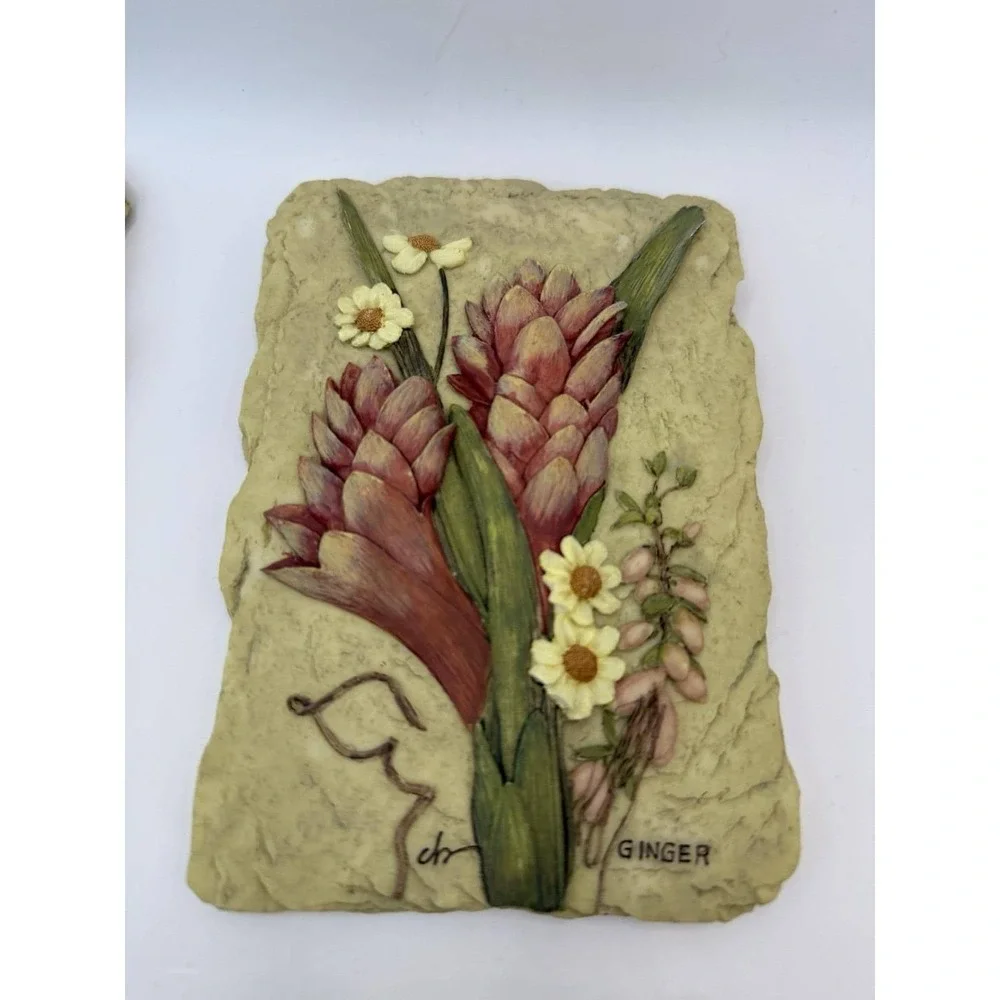 Set‎ 4 Vintage Cherri Blum Wall Plaques Art 3D Floral Tiles Cynara Protea Ginger